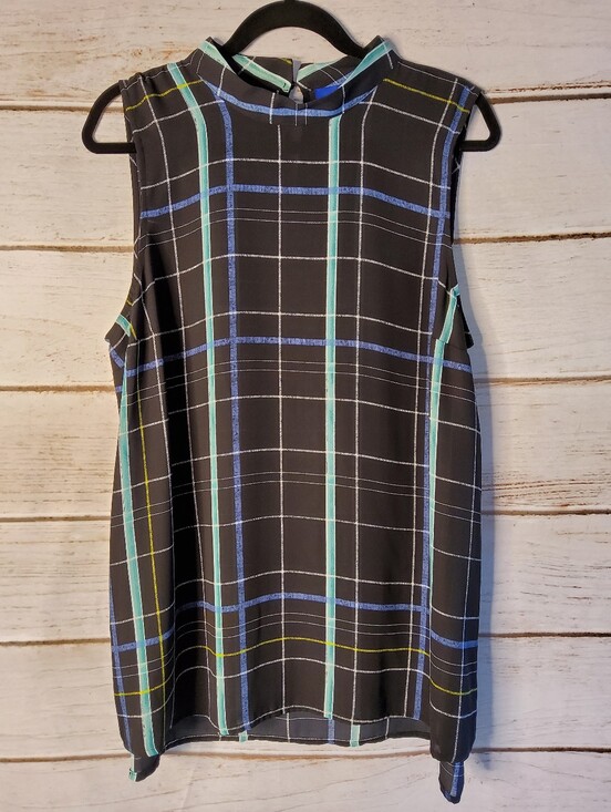 Apt. 9 Tops - Apt. 9 Black Plaid Sleeveless Mock Neck Top with Blue and Teal Stripes